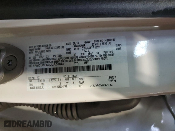 2020 Ford Escape S with VIN 1FMCU0F69LUA06045, listed as a Copart auction lot 58443655 with 48,881 mi miles and Salvage title. Bid and sale history available at DreamBid. Image 13.