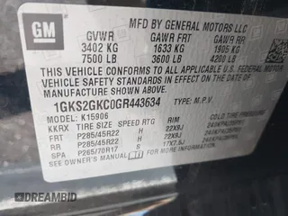 2016 GMC Yukon XL SLT with VIN 1GKS2GKC0GR443634, listed as a IAAI auction lot 41379064 with 121,744 mi miles. Bid and sale history available at carsss.com. Image 9.