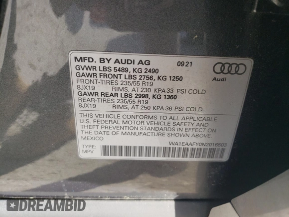 2022 Audi Q5 S line Premium Plus with VIN WA1EAAFY0N2016503, listed as a Copart auction lot 47749875 with 59,499 mi miles and Salvage Title. Bid and sale history available at carsss.com. Image 13.