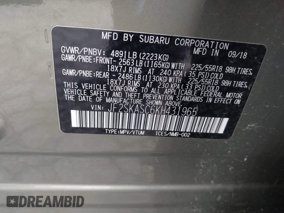 2019 Subaru Forester Limited with VIN JF2SKASC6KH431965, listed as a IAAI auction lot 42000207 with 31,496 mi miles. Bid and sale history available at carsss.com. Image 9.