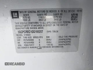 2016 Chevrolet Silverado 1500 LT with VIN 3GCPCREC1GG166207, listed as a IAAI auction lot 41577926 with 62,408 mi miles and . Bid and sale history available at DreamBid. Image 9.
