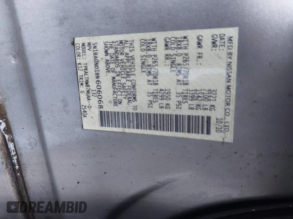 2011 Nissan Armada SV with VIN 5N1BA0ND1BN606068, listed as a IAAI auction lot 41222790 with 202,222 mi miles and . Bid and sale history available at DreamBid. Image 9.