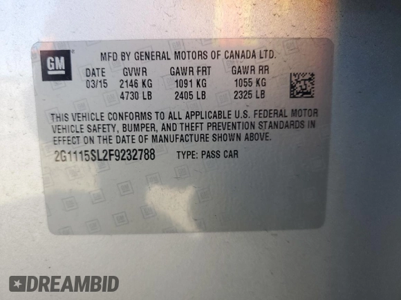 2015 Chevrolet Impala LT with VIN 2G1115SL2F9232788, listed as a Copart auction lot 50484915 with 181,774 mi miles and Salvage Title. Bid and sale history available at DreamBid. Image 14.