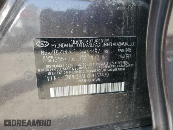 2015 Hyundai Sonata Limited with VIN 5NPE34AFXFH137479, listed as a Copart auction lot 53573685 with 114,257 mi miles and Salvage Title. Bid and sale history available at carsss.com. Image 12.