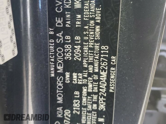 2021 Kia Forte LXS with VIN 3KPF24AD4ME267118, listed as a Copart auction lot 49473475 with 45,834 mi miles and Salvage Title. Bid and sale history available at carsss.com. Image 12.