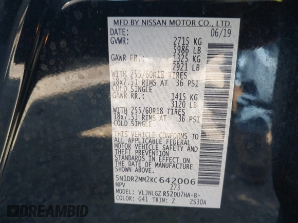 2019 Nissan Pathfinder SV с VIN 5N1DR2MM2KC642006, выставлен на аукционе IAAI как лот 42301997 с пробегом 95 716 миль миль и . История ставок и продаж доступна на DreamBid. Изображение 9.