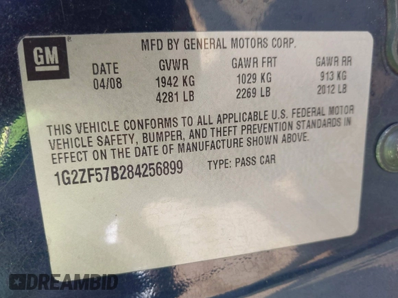 2008 Pontiac G6 1SV Value Leader с VIN 1G2ZF57B284256899, выставлен на аукционе IAAI как лот 42562337 с пробегом 97 455 миль миль и . История ставок и продаж доступна на DreamBid. Изображение 9.