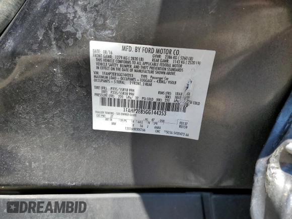 2016 Ford Taurus SEL с VIN 1FAHP2E85GG144353, выставлен на аукционе Copart как лот 58292065 с пробегом 75 481 миль миль и Списание • Salvage title. История ставок и продаж доступна на DreamBid. Изображение 12.