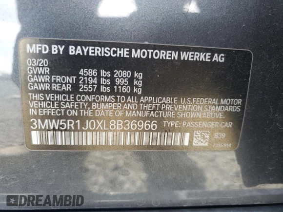 2020 BMW 3 Series 330i with VIN 3MW5R1J0XL8B36966, listed as a Copart auction lot 58501495 with 27,813 mi miles and Salvage title. Bid and sale history available at DreamBid. Image 12.