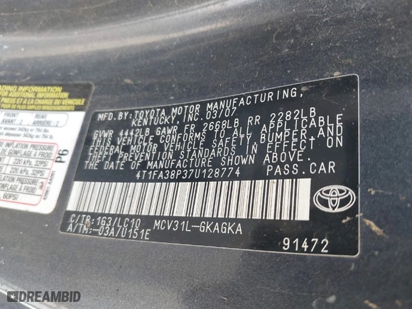 2007 Toyota Camry Solara SE with VIN 4T1FA38P37U128774, listed as a IAAI auction lot 41804353 with 1 mi miles. Bid and sale history available at carsss.com. Image 9.