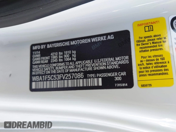 2015 BMW 2 Series 228i with VIN WBA1F5C53FV257086, listed as a IAAI auction lot 40898527 with 83,779 mi miles. Bid and sale history available at carsss.com. Image 9.