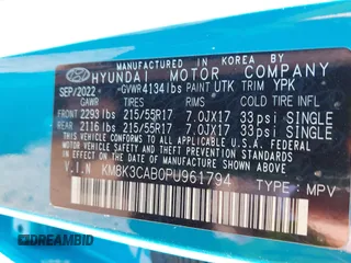 2023 Hyundai Kona SEL with VIN KM8K3CAB0PU961794, listed as a IAAI auction lot 41071018 with 8,988 mi miles and . Bid and sale history available at DreamBid. Image 9.
