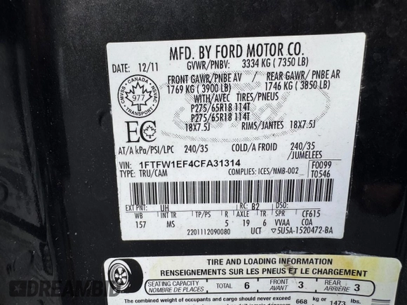 2012 Ford F-150 XL z VIN 1FTFW1EF4CFA31314, wystawiony jako Copart lot #65115585 z przebiegiem 138 711 mil mil oraz Czysty tytuł • Clean title. Historia ofert i sprzedaży dostępna na DreamBid. Obrazek 11.