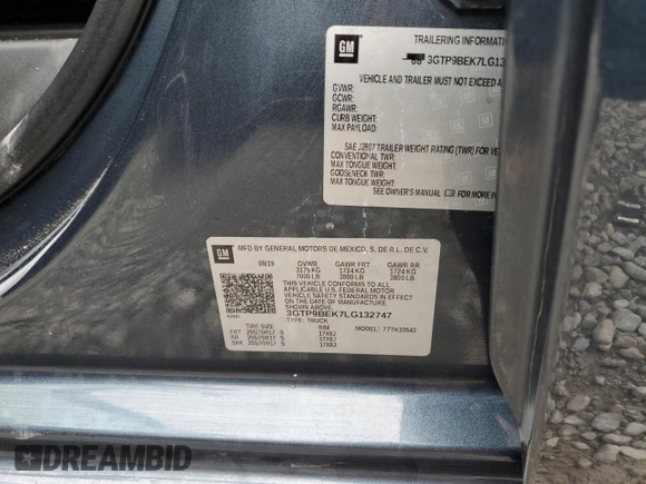 2020 GMC Sierra 1500 with VIN 3GTP9BEK7LG132747, listed as a Copart auction lot 78930514 with 99,720 mi miles and Salvage Title. Bid and sale history available at DreamBid. Image 12.