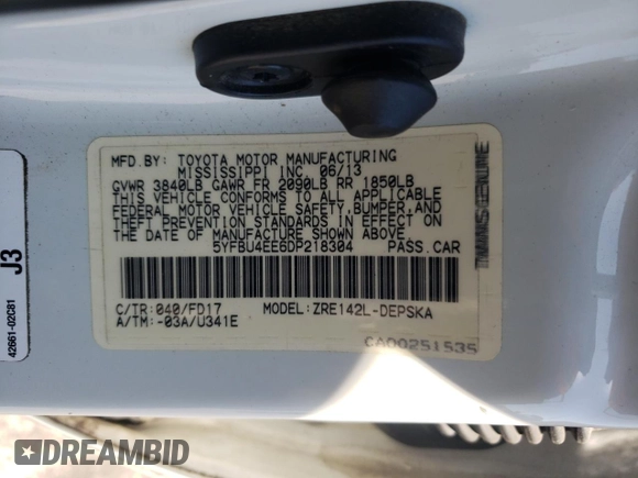 2013 Toyota Corolla L with VIN 5YFBU4EE6DP218304, listed as a Copart auction lot 51770045 with 229,401 mi miles and Salvage Title. Bid and sale history available at carsss.com. Image 14.