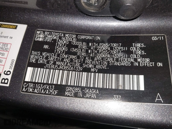 2011 Toyota 4Runner Trail with VIN JTEBU5JR0B5061339, listed as a IAAI auction lot 41674848 with 155,059 mi miles and . Bid and sale history available at DreamBid. Image 9.