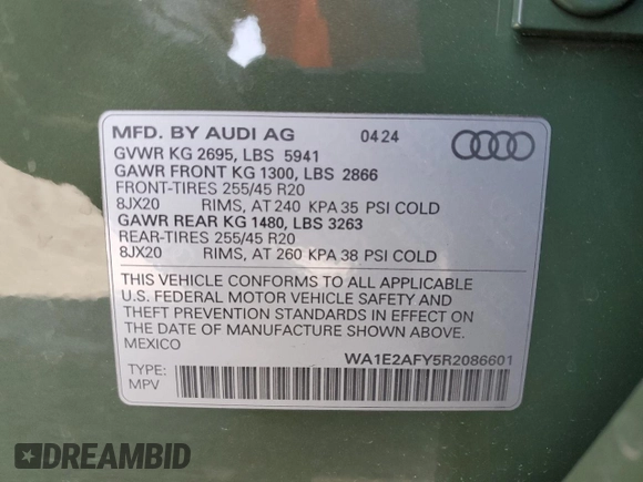 2024 Audi Q5 S line Premium Plus с VIN WA1E2AFY5R2086601, выставлен на аукционе Copart как лот 53965715 с пробегом 5 844 миль миль и Списание • Salvage title. История ставок и продаж доступна на DreamBid. Изображение 14.