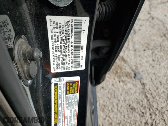 2007 Honda Civic Sdn LX with VIN 1HGFA16587L135771, listed as a Copart auction lot 51303115 with 174,251 mi miles and Salvage Title. Bid and sale history available at carsss.com. Image 12.