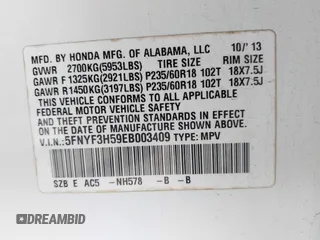 2014 Honda Pilot EX-L with VIN 5FNYF3H59EB003409, listed as a IAAI auction lot 41666126 with 170,658 mi miles. Bid and sale history available at carsss.com. Image 9.