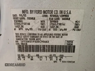 2002 Ford F-350 XL with VIN 1FTSW31F52EC95663, listed as a Copart auction lot 61106125 with Not provided miles and Salvage title. Bid and sale history available at DreamBid. Image 12.