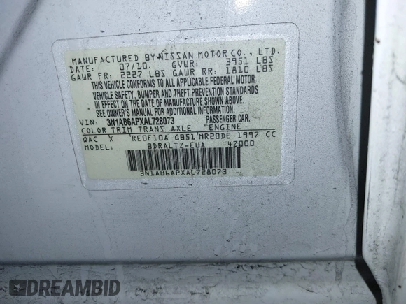 2010 Nissan Sentra SR with VIN 3N1AB6APXAL728073, listed as a IAAI auction lot 41055818 with 118,916 mi miles and . Bid and sale history available at DreamBid. Image 9.