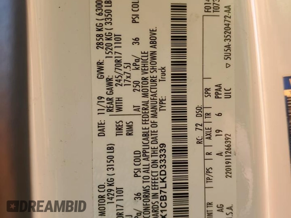 2020 Ford F-150 XL with VIN 1FTEX1CB7LKD33339, listed as a Copart auction lot 48669855 with 101,027 mi miles and Salvage title. Bid and sale history available at DreamBid. Image 12.