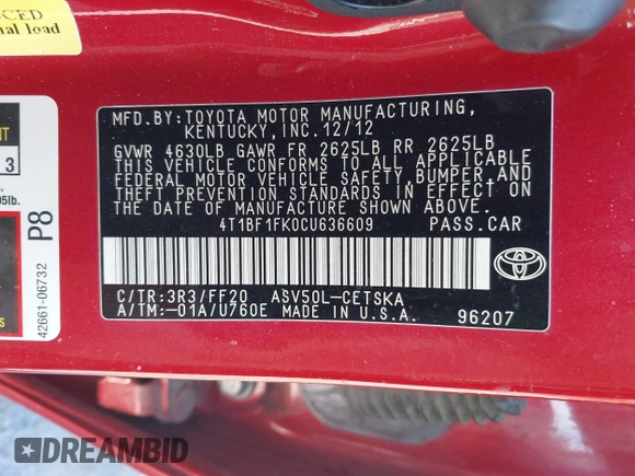 2012 Toyota Camry L with VIN 4T1BF1FK0CU636609, listed as a IAAI auction lot 41874712 with 144,733 mi miles and . Bid and sale history available at DreamBid. Image 9.
