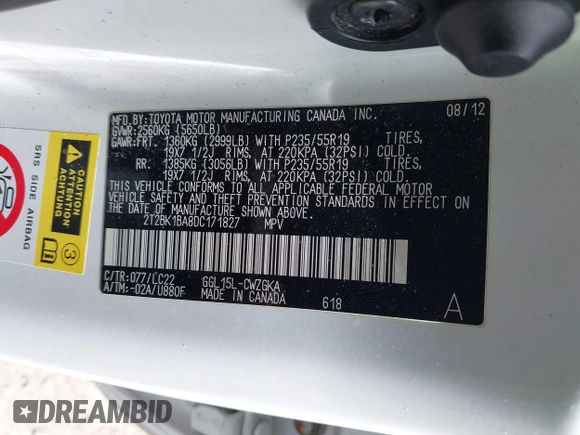 2013 Lexus RX 350 with VIN 2T2BK1BA8DC171827, listed as a IAAI auction lot 41878231 with 162,591 mi miles and . Bid and sale history available at DreamBid. Image 9.