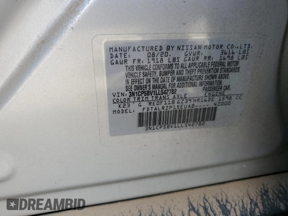 2020 Nissan Kicks S with VIN 3N1CP5BV1LL542782, listed as a Copart auction lot 65746844 with Not Provided miles and Salvage Title. Bid and sale history available at DreamBid. Image 12.