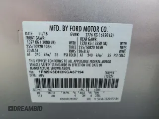 2019 Ford Explorer XLT с VIN 1FM5K8DH3KGA67194, выставлен на аукционе Copart как лот 49890595 с пробегом 54 391 миль миль и Списание • Salvage title. История ставок и продаж доступна на DreamBid. Изображение 13.