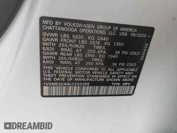 2020 Volkswagen Atlas SEL z VIN 1V2ME2CAXLC232299, wystawiony jako Copart lot #57298205 z przebiegiem 55 151 mil mil oraz Szkoda całkowita • Salvage title. Historia ofert i sprzedaży dostępna na DreamBid. Obrazek 14.