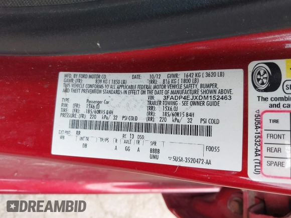 2013 Ford Fiesta SE with VIN 3FADP4EJXDM152463, listed as a IAAI auction lot 42122969 with 66,952 mi miles and . Bid and sale history available at DreamBid. Image 9.