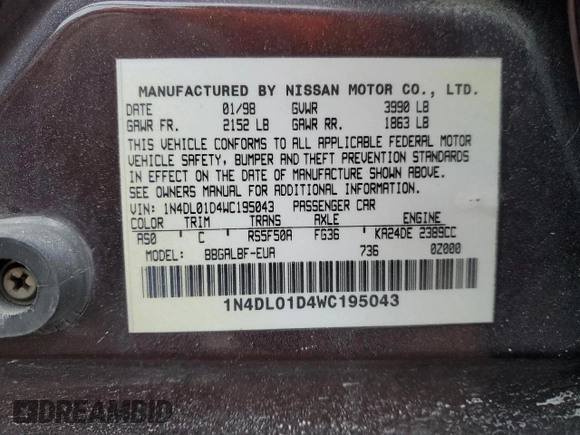 1998 Nissan Altima XE with VIN 1N4DL01D4WC195043, listed as a Copart auction lot 44983745 with 154,020 mi miles and Salvage Title. Bid and sale history available at carsss.com. Image 12.