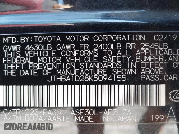 2019 Lexus IS 300 with VIN JTHBA1D28K5094155, listed as a IAAI auction lot 42299124 with 66,090 mi miles and . Bid and sale history available at DreamBid. Image 9.