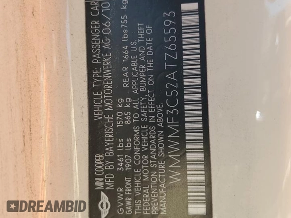 2010 MINI Hardtop with VIN WMWMF3C52ATZ65593, listed as a Copart auction lot 50107445 with 105,389 mi miles and Salvage title. Bid and sale history available at DreamBid. Image 12.