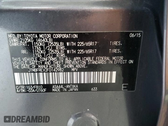 2015 Toyota RAV4 LE z VIN JTMBFREV2FD142982, wystawiony jako Copart lot #65502005 z przebiegiem 52 229 mil mil oraz Szkoda całkowita • Salvage title. Historia ofert i sprzedaży dostępna na DreamBid. Obrazek 13.