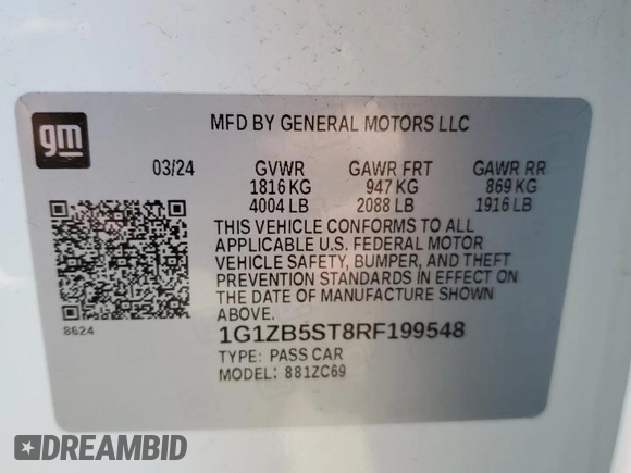 2024 Chevrolet Malibu LS with VIN 1G1ZB5ST8RF199548, listed as a Copart auction lot 45311205 with 18,232 mi miles and Clean Title. Bid and sale history available at DreamBid. Image 12.