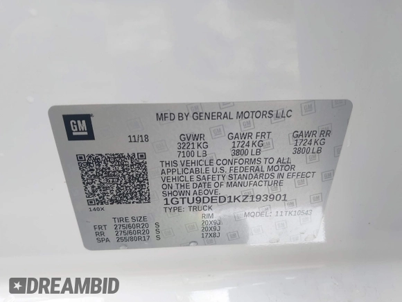 2019 GMC Sierra 1500 SLT z VIN 1GTU9DED1KZ193901, wystawiony jako IAAI lot #42096613 z przebiegiem 97 989 mil mil oraz . Historia ofert i sprzedaży dostępna na DreamBid. Obrazek 9.