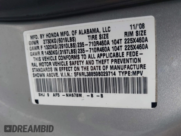 2009 Honda Odyssey Touring with VIN 5FNRL38859B029714, listed as a IAAI auction lot 42266381 with 196,747 mi miles and . Bid and sale history available at DreamBid. Image 9.