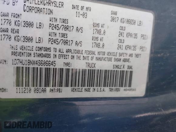 2004 Dodge 1500 SLT with VIN 1D7HU18NX4S606645, listed as a IAAI auction lot 41041951 with 180,862 mi miles and . Bid and sale history available at carsss.com. Image 9.