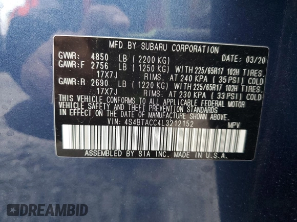 2020 Subaru Outback Premium with VIN 4S4BTACC4L3212152, listed as a Copart auction lot 52962415 with 122,209 mi miles and Salvage title. Bid and sale history available at DreamBid. Image 13.
