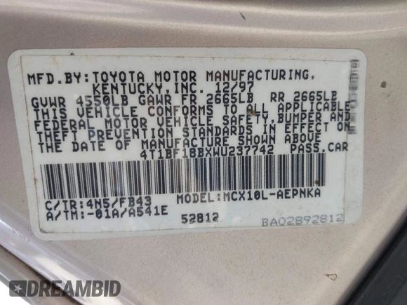 1998 Toyota Avalon XL with VIN 4T1BF18BXWU237742, listed as a IAAI auction lot 41881679 with Not Provided miles and . Bid and sale history available at DreamBid. Image 9.