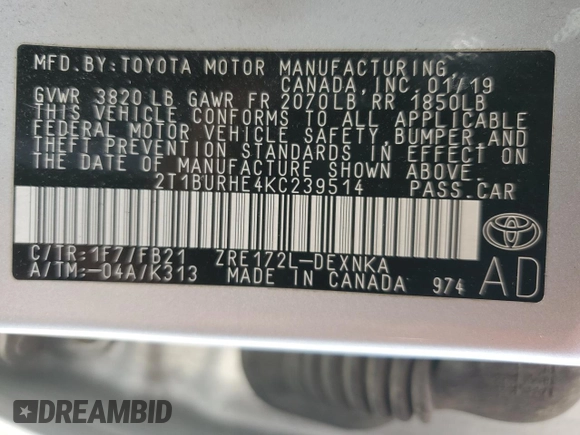 2019 Toyota Corolla L with VIN 2T1BURHE4KC239514, listed as a Copart auction lot 63378045 with 109,956 mi miles and Salvage title. Bid and sale history available at DreamBid. Image 12.