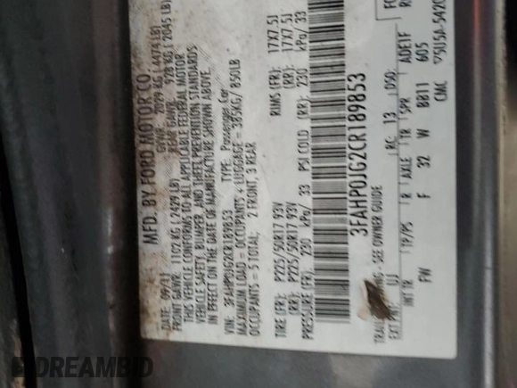 2012 Ford Fusion SEL with VIN 3FAHP0JG2CR189853, listed as a Copart auction lot 51018065 with 234,744 mi miles and Salvage Title. Bid and sale history available at DreamBid. Image 13.