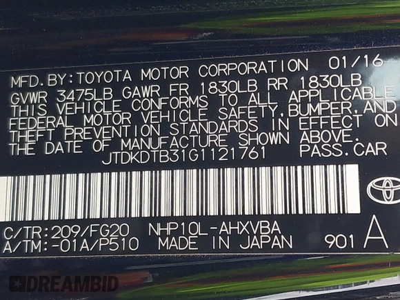 2016 Toyota Prius One with VIN JTDKDTB31G1121761, listed as a IAAI auction lot 42054087 with 93,128 mi miles and . Bid and sale history available at DreamBid. Image 9.