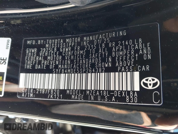 2025 Toyota Corolla LE z VIN 5YFB4MDE5SP264382, wystawiony jako IAAI lot #41937142 z przebiegiem 1 241 mil mil oraz . Historia ofert i sprzedaży dostępna na DreamBid. Obrazek 9.