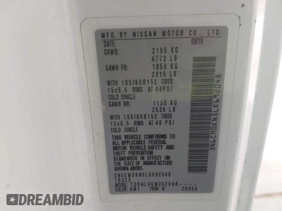 2020 Nissan NV200 S with VIN 3N6CM0KN5LK692048, listed as a IAAI auction lot 42508954 with 80,228 mi miles and . Bid and sale history available at DreamBid. Image 9.