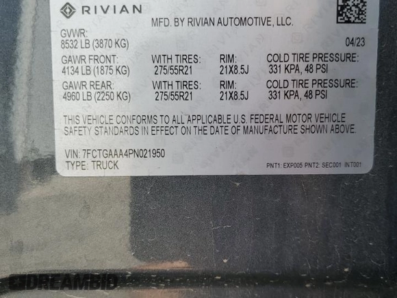 2023 Rivian R1T Adventure z VIN 7FCTGAAA4PN021950, wystawiony jako Copart lot #57800485 z przebiegiem 2 480 mil mil oraz Szkoda całkowita • Salvage title. Historia ofert i sprzedaży dostępna na DreamBid. Obrazek 13.