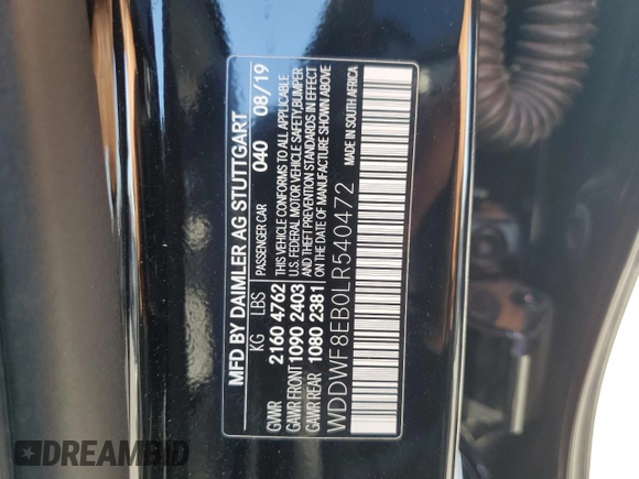 2020 Mercedes-Benz C 300 with VIN WDDWF8EB0LR540472, listed as a Copart auction lot 50381235 with Not Provided miles and Salvage Title. Bid and sale history available at DreamBid. Image 13.