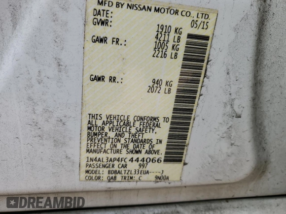 2015 Nissan Altima S with VIN 1N4AL3AP4FC444066, listed as a Copart auction lot 50791965 with 216,239 mi miles and Salvage Title. Bid and sale history available at DreamBid. Image 13.